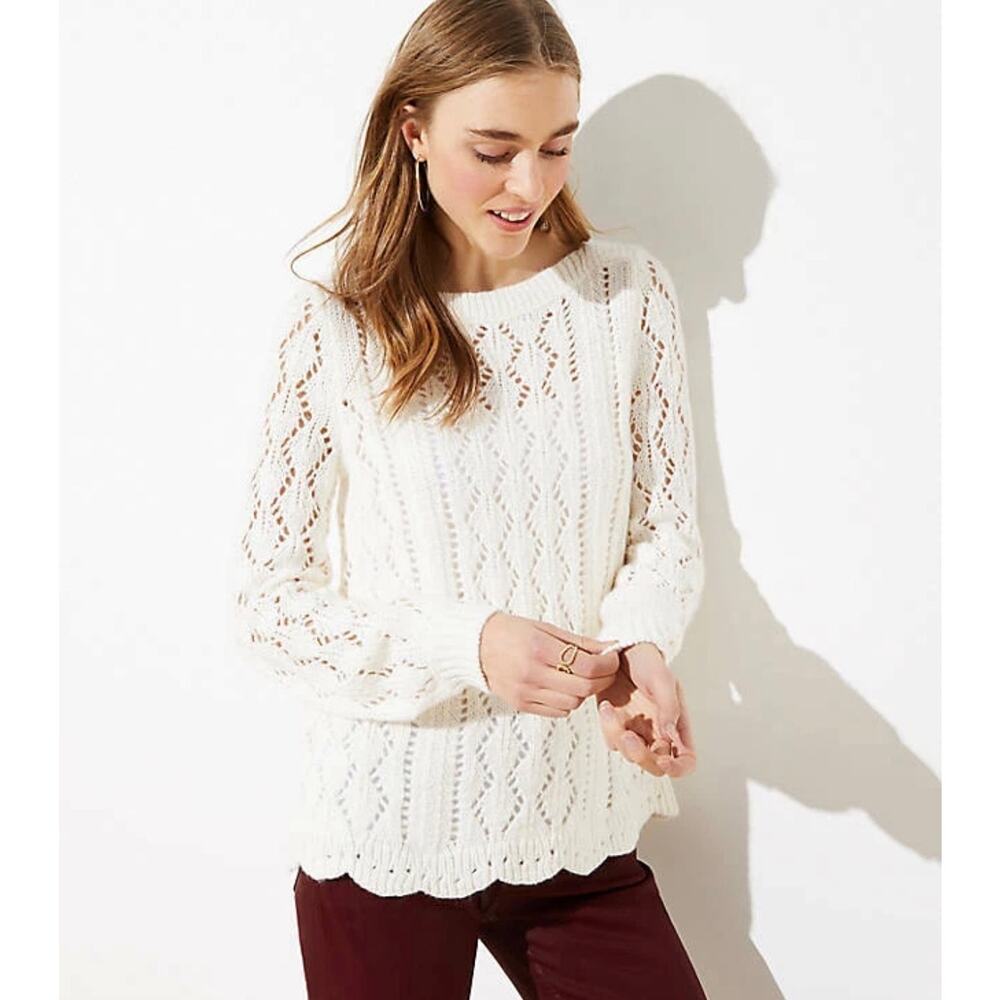 LOFT Pointelle Knit Sweater XL Cream Scalloped Hem Soft Lightweight Pullover